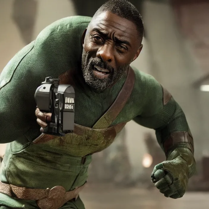 Image similar to film still of Idris Elba as a Ninja Turtle in new film, photorealistic 4k