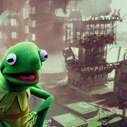 Prompt: a still of kermit the frog in avengers movie, cory loftis, fenghua zhong, ryohei hase, ismail inceoglu and ruan jia. volumetric light, detailed, octane render