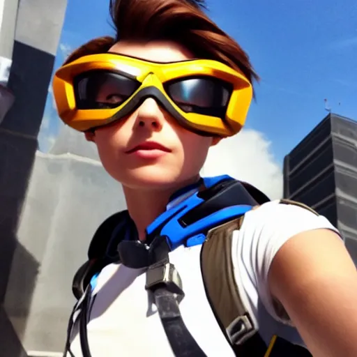 Image similar to tracer from overwatch wearing googles smartphone selfie