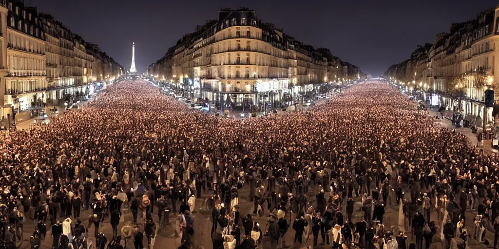 Prompt: million of people rioting on the streets of paris, champs - elysees, at night, wide angle