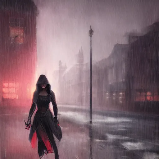 Prompt: assassin woman, at night, rain, by juan ortiz, by WLOP, by Kirokaze