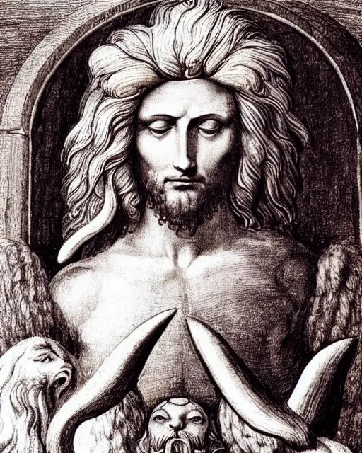 Prompt: four faces in one creature, eagle beak, lion mane, two large horns on the head, jesus face, drawn by da vinci. symmetrical