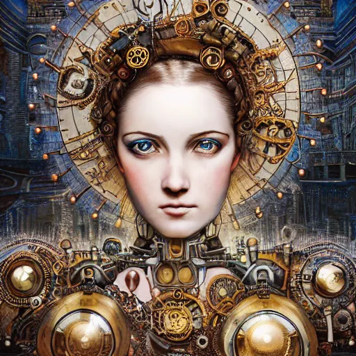 Prompt: A steampunk beautiful goddess, she half human and half android, she is embellished with gears wheels and gemstones, by William Holman Hunt, Greg Rutkowski, Stanely Artgerm, Tooth Wu, Peter Gric, Aaron Horkey, trending on Artstation, digital art, mythological, symmetrical artwork, cinematic lighting, hyper realism, high detail, octane render, ultra realistic, golden ratio, 4k, 8k