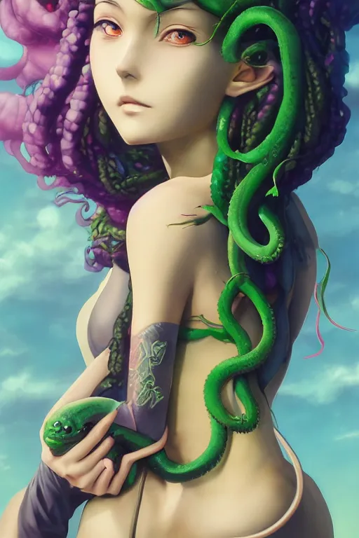 Prompt: portrait of an anime manga girl with green snake dreads, straight on, by artgerm, james jean, tom bagshaw, gerald brom, vaporwave colors, lofi colors, vaporwave, lofi, goth vibe, 4 k, smooth, hd, substance designer render, full body character concept art, symmetrical,