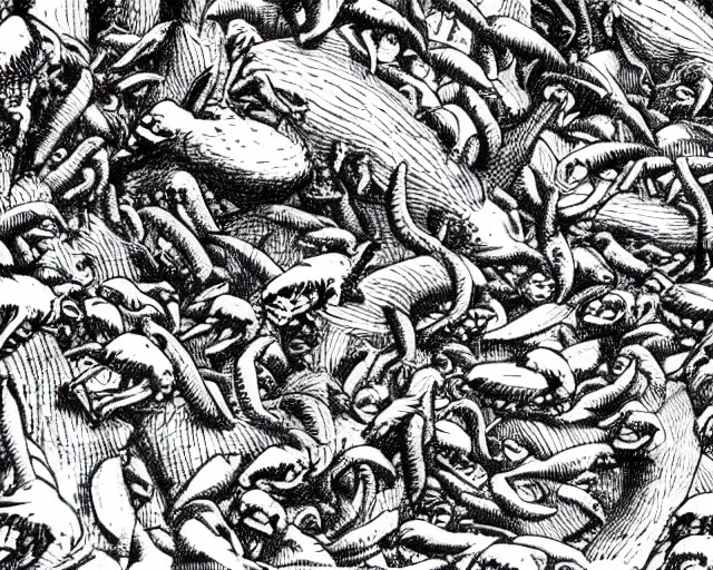 Image similar to A swarm of flying alien hippos drawn by Kentaro Miura, extremely high detail, manga, ink