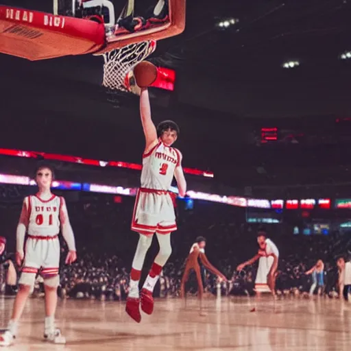 Prompt: will from stranger things playing basketball and making a shot in an nba stadium , close up shot, wide angle, lens flares