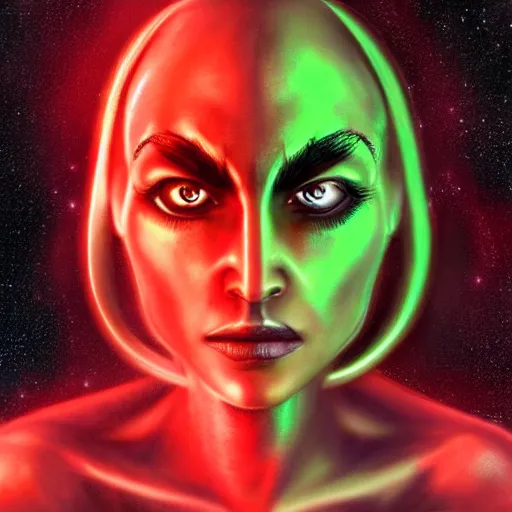 Image similar to realistic female alien, medium shot portrait, devil horns,,!!!!! human eyes!!!!!!, green body. red eyes, background flames