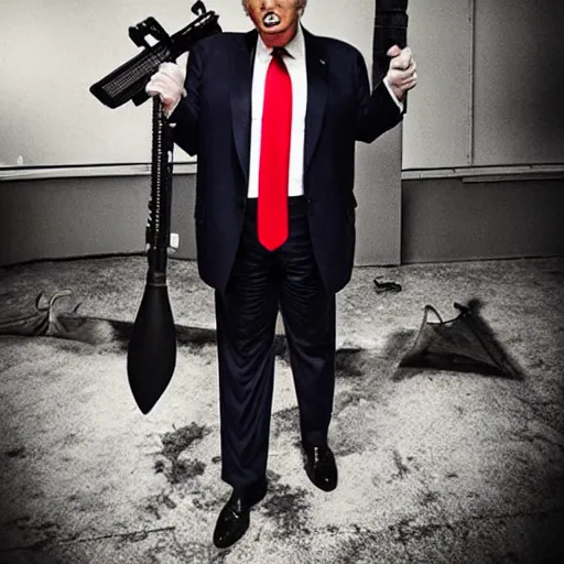 Prompt: “Donald Trump on the Call of Duty Map Der Reise fighting zombies and holding a Ray Gun, 8 mm Lena’s photography”