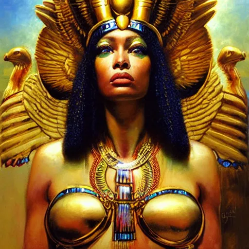 Prompt: queen goddess isis, high fantasy, by john berkey, by peter mohrbacher, renaissance oil painting, realism, master study, hyperrealist,