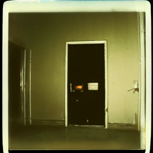 Image similar to dark concrete room with a tv on the ground inna dark doorway, creepy, eerie, old polaroid, expired film,