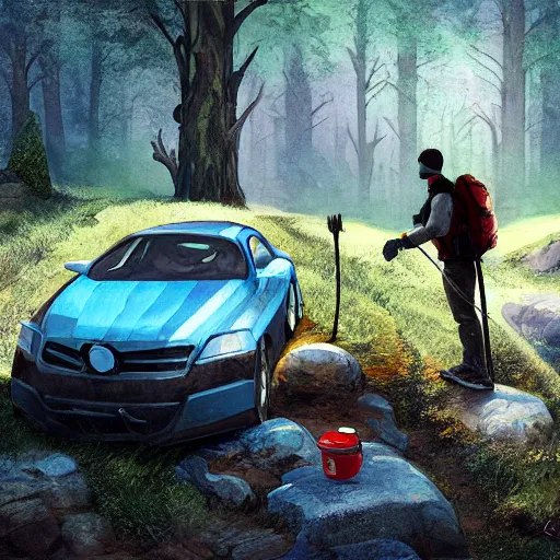 Prompt: hiker unloading the car before camping, by etienne hebinger, cgsociety, fantasy art, 2 d game art