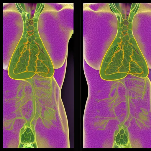 Prompt: computed tomography scan of the thorax with areas of fibrosis in the lung