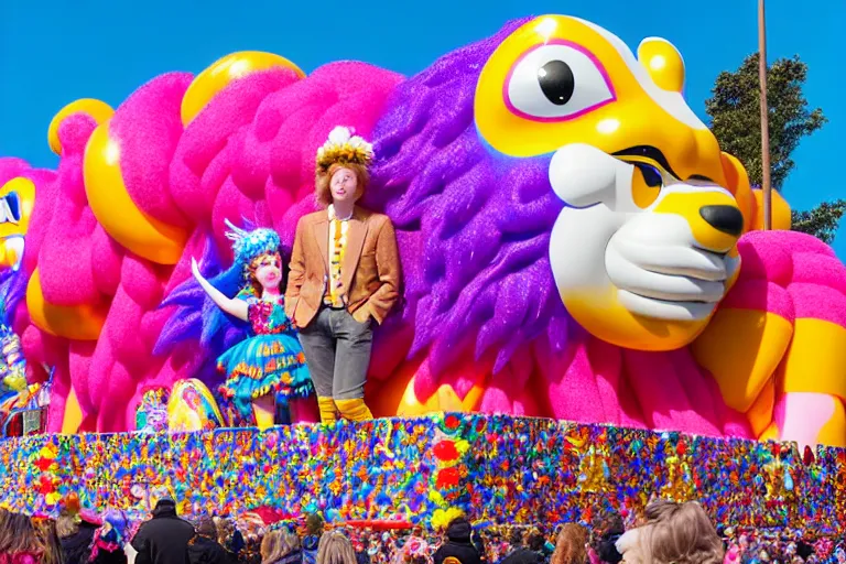 Image similar to photo of giant beautiful elaborate parade float character designed by ( ( ( ( ( ( ( ( lisa frank ) ) ) ) ) ) ) ) and wes anderson!!!!!!!!!!!!!!, in the macys parade, detailed 4 k photo,