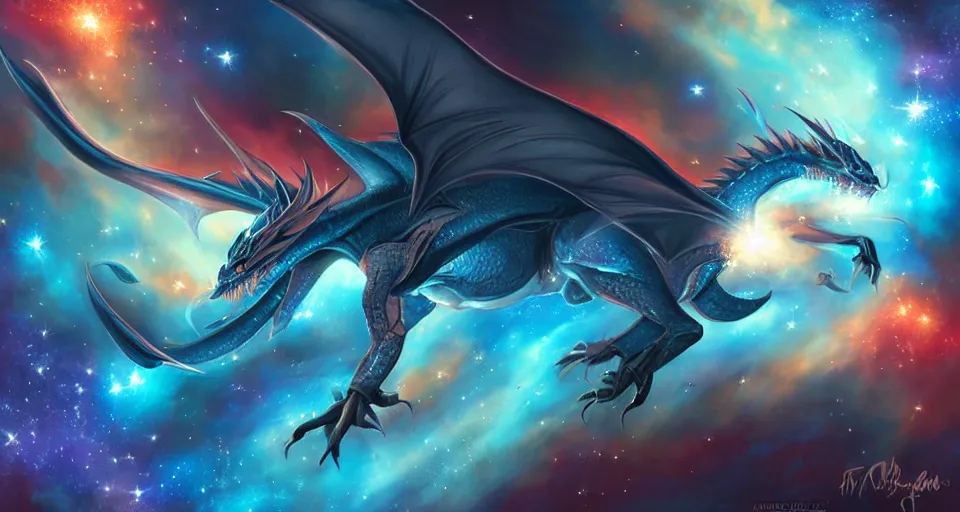 Image similar to large blue dragon flying through nebula, by artgerm