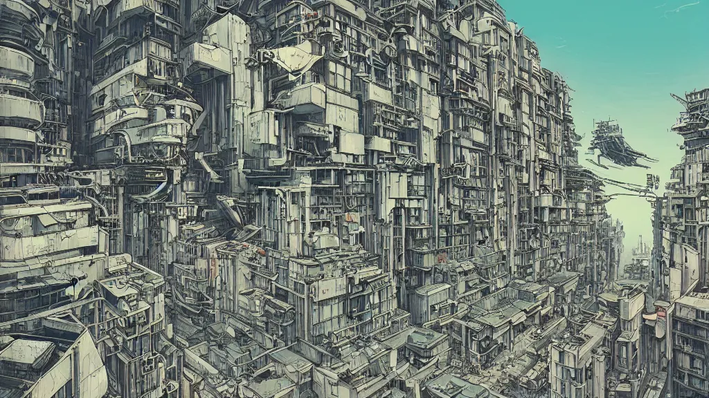 Image similar to very detailed, epic art nouveau graphic novel, ilya kuvshinov, mcbess, rutkowski, simon roy, illustration of space dystopian metropolis sky high decrepit habitat 6 7 arcologies, wide shot, cyberpunk colorful, deep shadows, astrophotography, hyperdetailed, cybernetics, cryengine, realistic shaded lighting, sharp focus