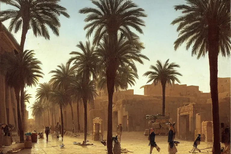 Image similar to palm tree-lined street at midnight in a very ancient very beautiful Egyptian city by Ludwig Deutsch and Rudolf Ernst, colorful tiled architecture, strong dramatic cinematic lighting, lost civilizations, smooth, sharp focus, extremely detailed