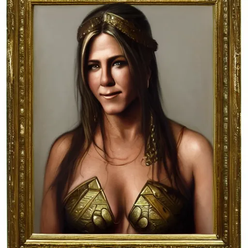 Image similar to the portrait of jennifer aniston as amazon in an intricate dress by roberto ferri, fantasy, witcher, very detailed oil painting, masterpiece, 8 k