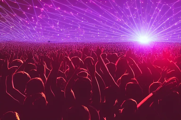 Image similar to crowd partying with their hands up at a festival, silhouette, laser show, digital art, trending on artstation, 4k, unreal engine, intricate, ornate