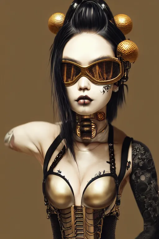 Image similar to soft lustrous ivory ebony geisha yakuza raver gutter punk gothic biotech steampunk cyborg, golden ratio, details, scifi, fantasy, cyberpunk, intricate, decadent, highly detailed, digital painting, octane render, artstation, concept art, smooth, sharp focus, illustration, art by artgerm, loish, wlop