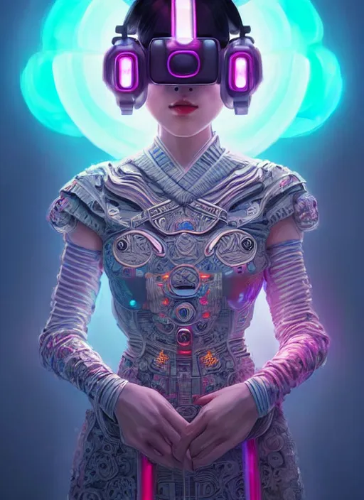 Prompt: wide angle portrait shot of female japanese android wearing a vr headgear and in a very detailed and intricate kimono dress, hologram hovering around her, intricate detail, cyber neon lighting, highly detailed, artstation, glamor pose, concept art, art by peter mohrbacher and artgerm, pinterest, artstation,