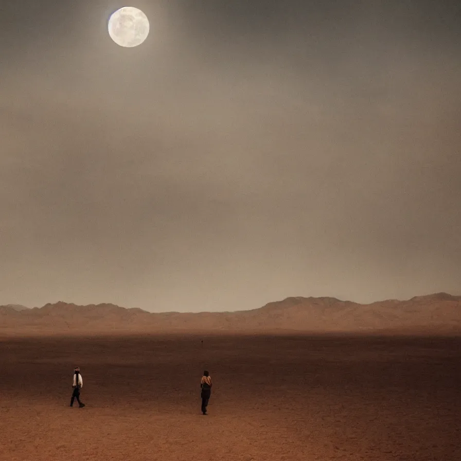 Prompt: a beautiful landscape of a powerful man wandering in a vast desert lit by the man in the moon