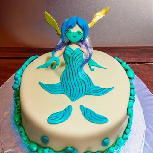 Image similar to angry mermaid themed birthday cake, food photography,