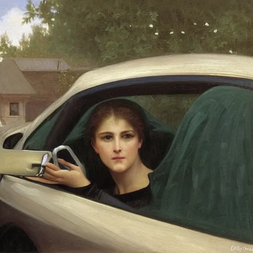 Image similar to an oil painting of an angel driving a car ordering in drive through, by Bouguereau, highly realistic and intricate