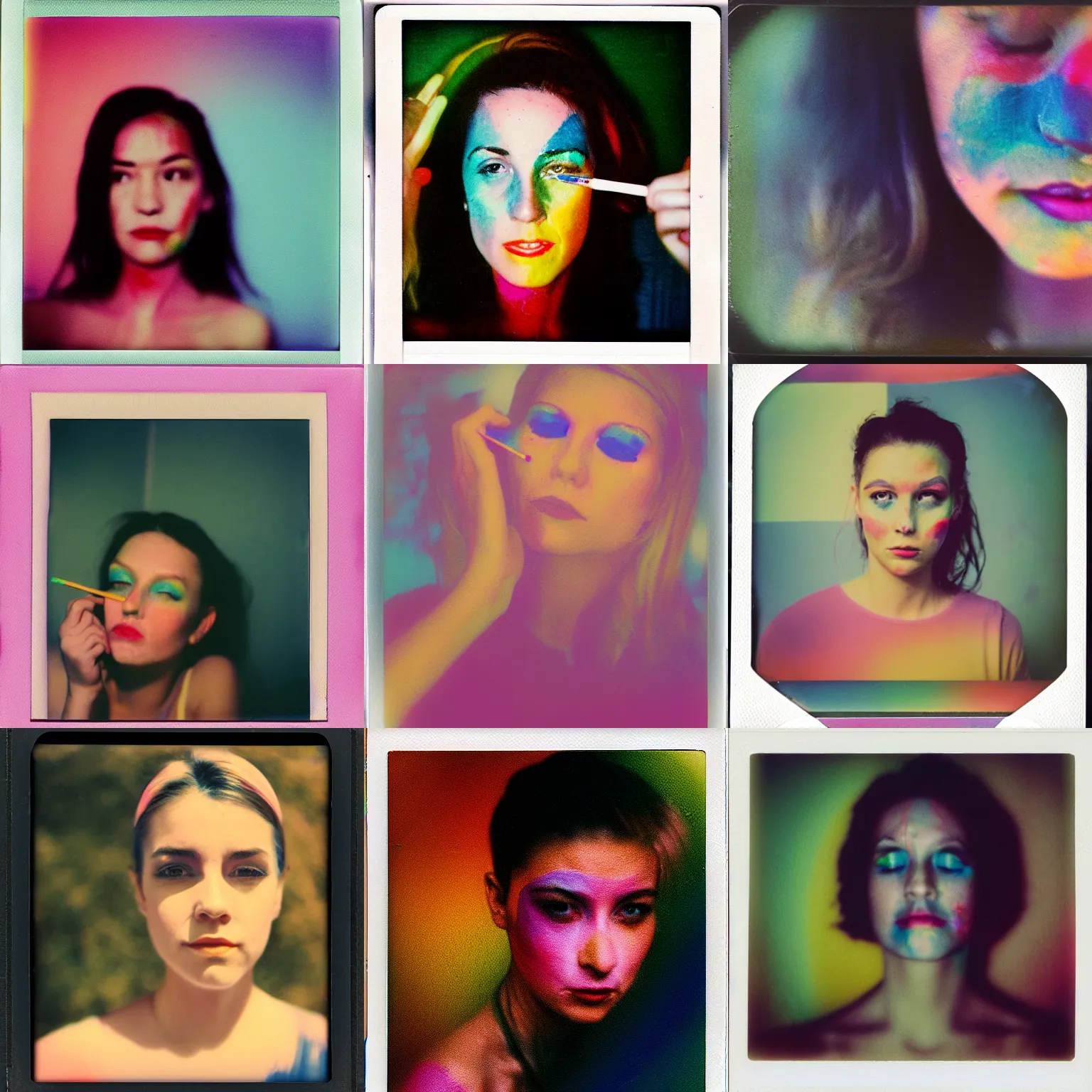 Prompt: instax polaroid film photo of a woman painting her face rainbow colors, nostalgia, faded glow, expired film analog photography, grainy texturized dusty, saturated colorized