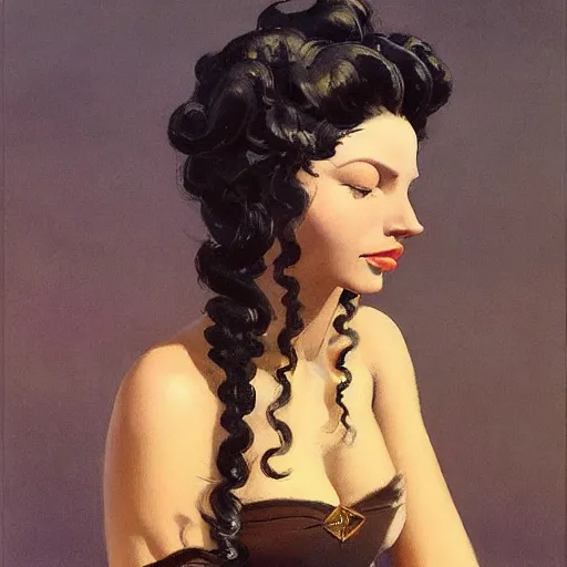 Image similar to a oil painting of a fair skin with dark curly stylised hair queen wearing dress, by hans emmenegger, by bruce pennington, by eyvind earle, by nicholas roerich, by frank frazetta, by georgia o keeffe, by dean cornwell, highly detailed, realistic, concept art, jewels, oriental, desaturated