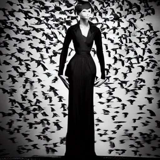 Image similar to “a beautiful woman in a fashionable dress made of pigeons, high fashion, photorealistic, fashion photography”