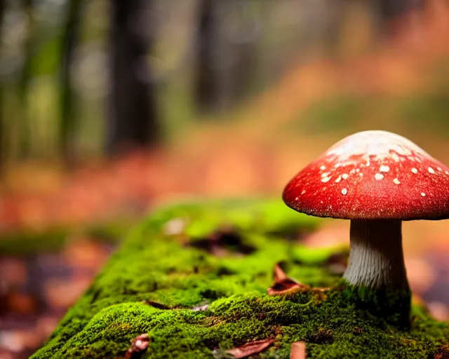 Prompt: a mushroom in a forest, moss, autumn, warm colors, photography, depth of field