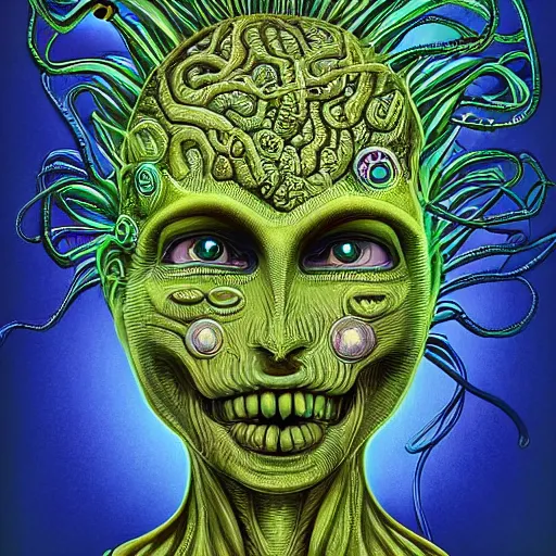 Prompt: ''realistic full body alien with two big heads each head individual eyes third eyes and glowing razorwired steampunk hair body made of flowing snakes and microbial bacteria hyperrealistic detailed intricate sci fi cyberpunk alex grey peter max colors vermeer hr giger pablo amaringo dmt ayahuasca