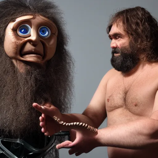 Prompt: caveman talking to a robot, award - winning photo