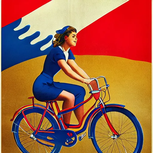 Image similar to portrait of young woman riding a bicycle in summer, soviet propaganda poster, hungarian flag in the background, colored, artgerm, highly detailed