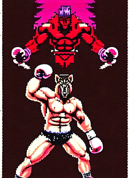 Image similar to extreme long shot. 8 bit nes graphics. antropomorphic muscular masculine wolf. kickboxer fighter, in shorts. wolf head. angry. fine details, very sharp, art from nes game cartridge, 8 0's, vhs artefacts, vaporwave style, marc simonetti and hermann nitsch and anish kapoor.