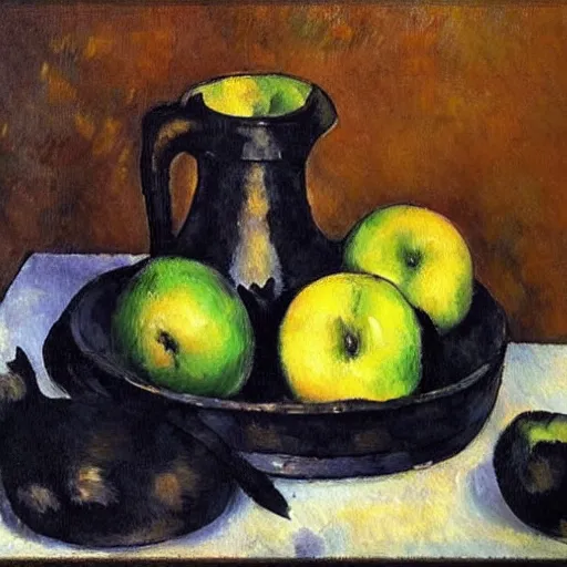 Prompt: a gauguinesque, painterly painting that depicts apples in a black jug and a cat by cezanne, pixabay contest winner, fauvism, fauvism, oil on canvas, acrylic art