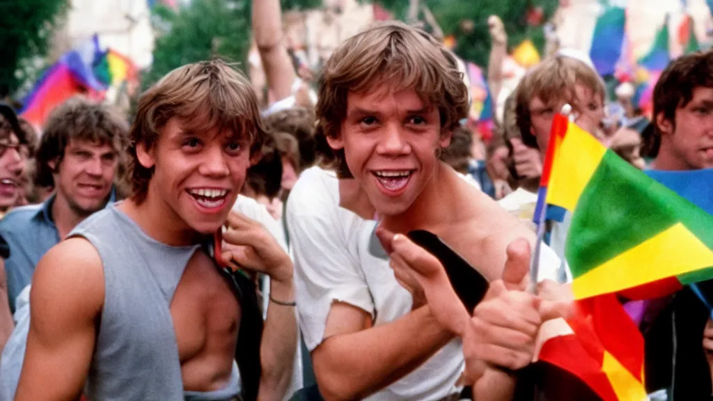 Image similar to rotj luke skywalker goes to pride, getty images, victorious, flags, parade, gay rights, bright smiles, daylight, twenty three year old luke skywalker at gay pride, 3 5 mm photography, very happy, played by young mark hamill, smiling