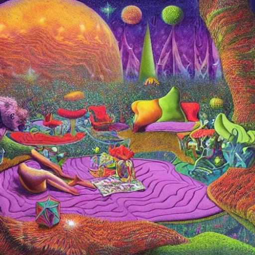 Image similar to psychedelic couch sofa in the lush forest, milky way, designed by moebius, rob gonsalves, gustav dore, giuseppe arcimboldo and carl barks, louis wain, trending on artstation, mediterranean, star, sharp focus, colorful refracted sparkles and lines, soft light, 8 k 4 k