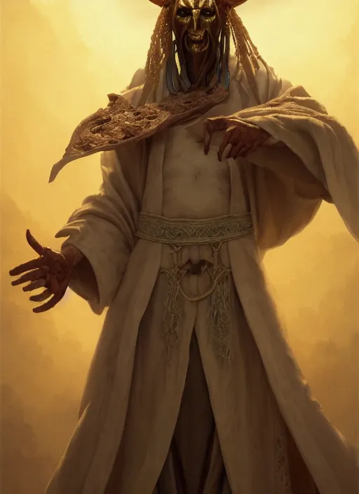 Image similar to slender high priest with a robe made of salt, strange headdress, subsurface scattering, by jesper ejsing, justin gerard, tomasz alen kopera, cgsociety and fenghua zhong, highly detailed, rim light, cinematic lighting, illustration, art, octane render, very coherent, cinematic, hyper realism, high detail, octane render, 8 k