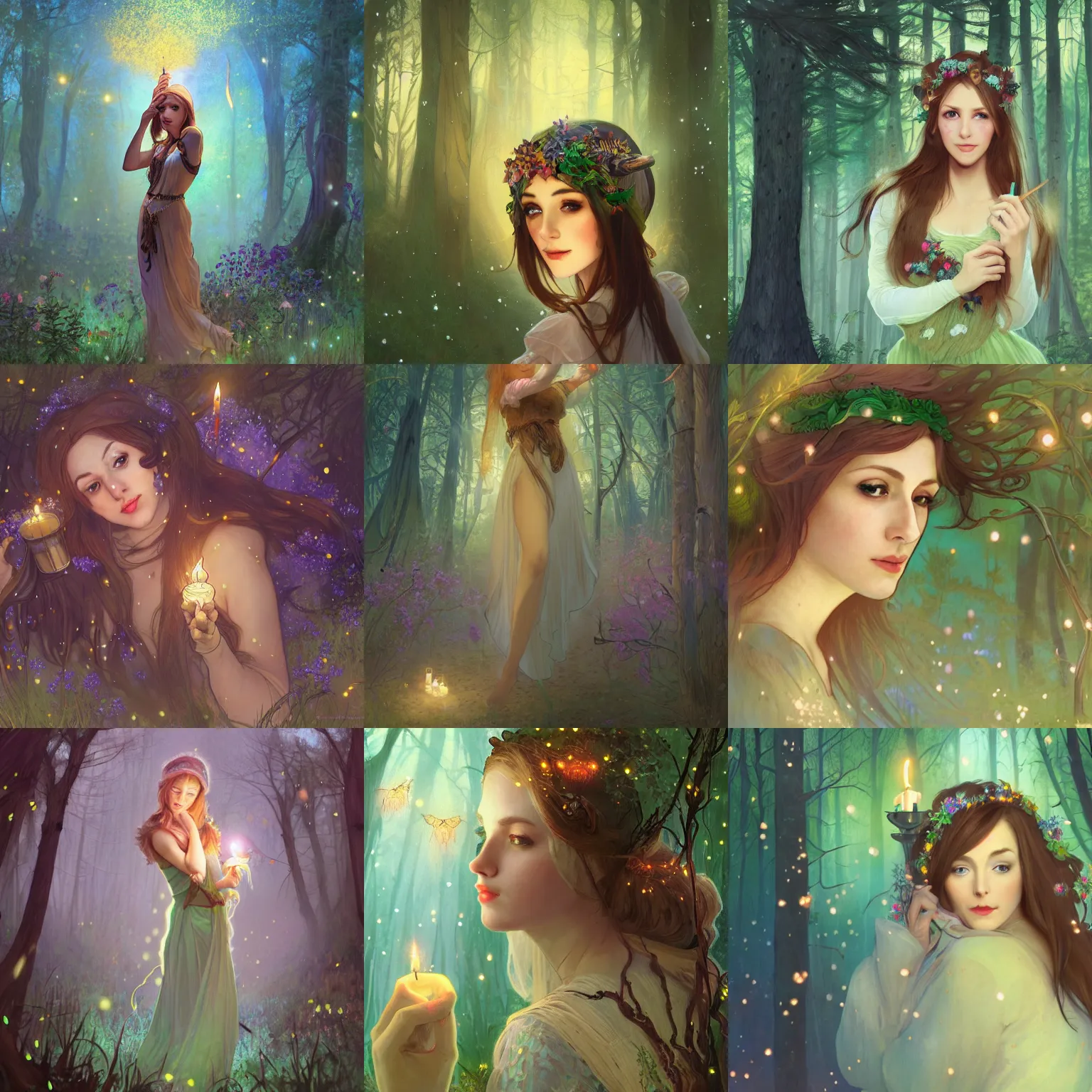 Prompt: Beautiful woman, elf, Brown hair, magic wand, candles, light fog, green lights, fireflies, night, magic, old ritual, head scarf, meadow in the forest, old trees, full body shot, fantasy character, detailed illustration, hd, 4k, digital art, overdetailed art, concept art, by Alfons Mucha, complementing colors, Trending on artstation, deviantart