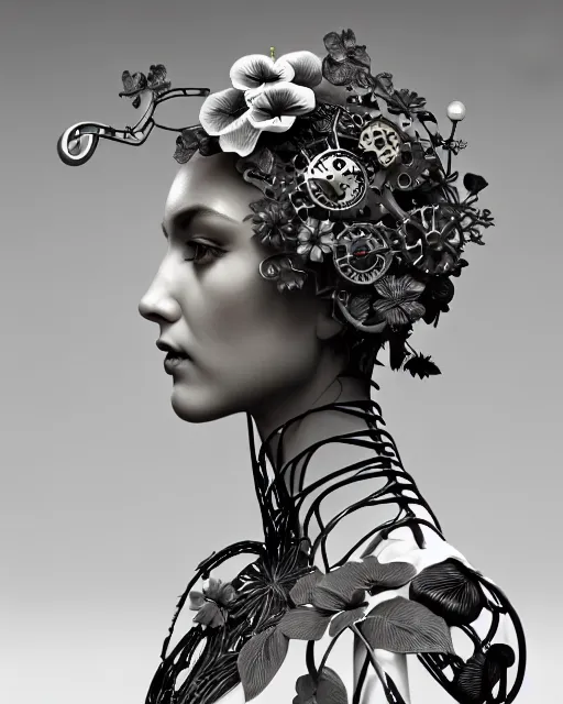 Image similar to monochrome 3 d model, 1 9 4 0 picture, floral silver steampunk biomechanical beautiful young female cyborg with porcelain profile face and a techno eye, volumetric light, leaves foliage and stems, hibiscus flowers, sinuous fine roots, fine foliage lace, alexander mcqueen, rim light, big gothic fashion pearl embroidered collar, octane render, 8 k