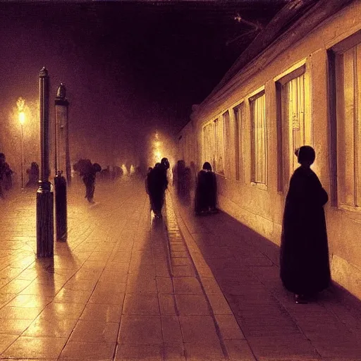 Prompt: a some people waiting in a lone bus stop in quiet dark city night by william adolphe bouguereau, high quality, high resolution,detailed