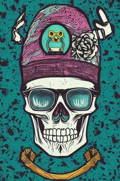 Prompt: illustration of a hipster skull, art by meow wolf