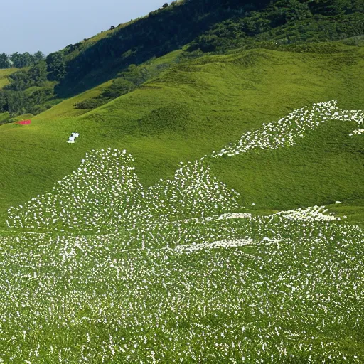 Prompt: spread across a bright green, rolling hillside were thousands of off - white dots