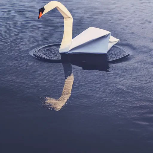 Prompt: origami swan floating on dark water