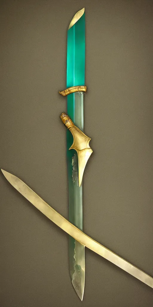 Image similar to photograph of a wide green and teal crystal sword blade attached to a big gold sword hilt