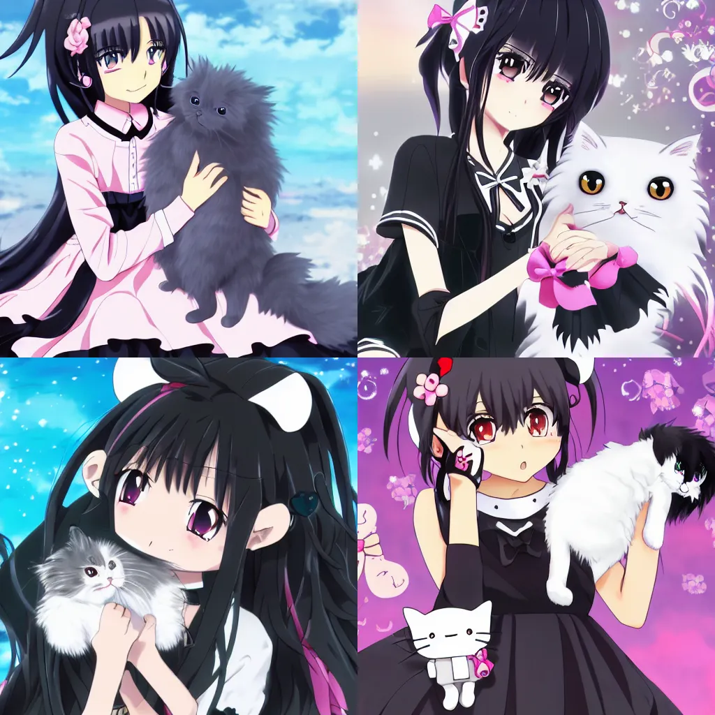 Prompt: Anime key visual of a moe character girl who has black streight long hair, wearing black dress, is petting a white ragdoll cat. from Sanrio as a Moe Anime girl, 4K, HD, pixiv, wallpaper, official media