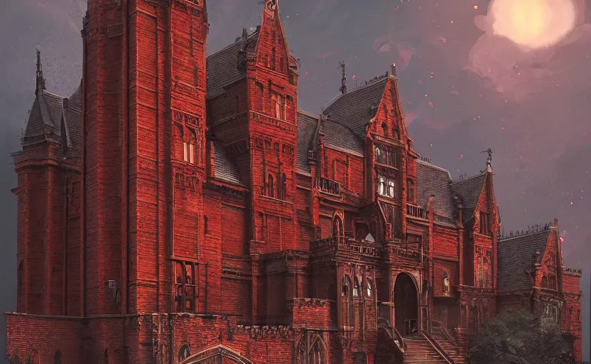 Image similar to colonial and gothic architecture castle with red bricks, high detailed, cinematic landscape, atmospheric lighting, trending on artstation, a fantasy art by feng zhu