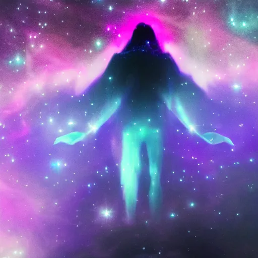 Image similar to a towering godlike apparition in the shape of a human, made of smoke and fog, backlit by pink, purple, red, blue neon lighting, nebulas, backround of stars and galaxies