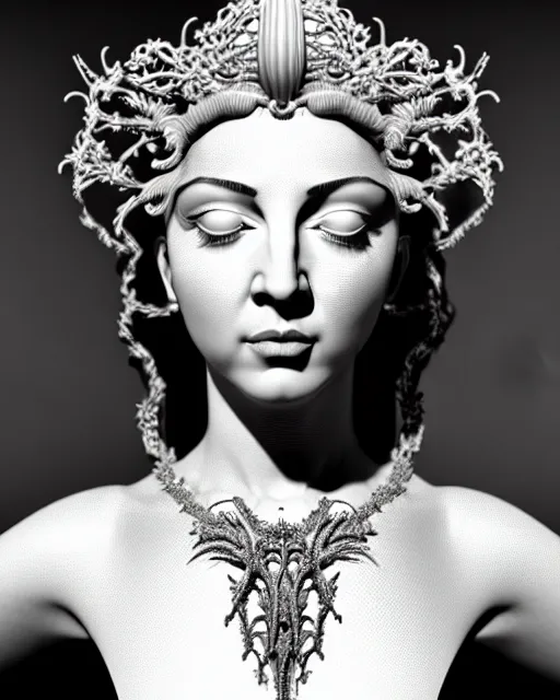Image similar to bw 3 d render of a beautiful young madonna female queen - cyborg - vegetal, intricate fractal ornament in the bust with a very long neck, elegant, highly detailed intricate rococo ornament in her silver long hair, realistic, refined, highly detailed, cinematic outdoor lighting, by flora borsi in the style of dora maar, volumetric lighting, hyper realistic photography
